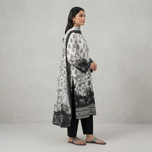 Black And White Lawn Dupatta 3 Piece Suit