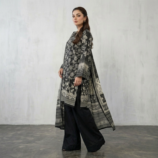 Black And White Lawn Dupatta 3 Piece Suit