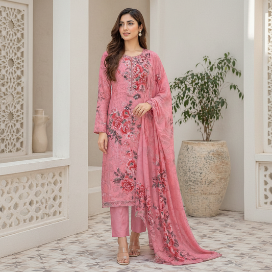 3 Piece Suit With Chifon Dupatta