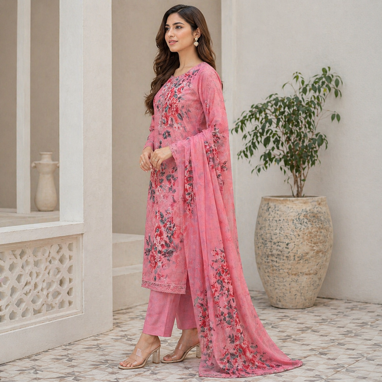 3 Piece Suit With Chifon Dupatta