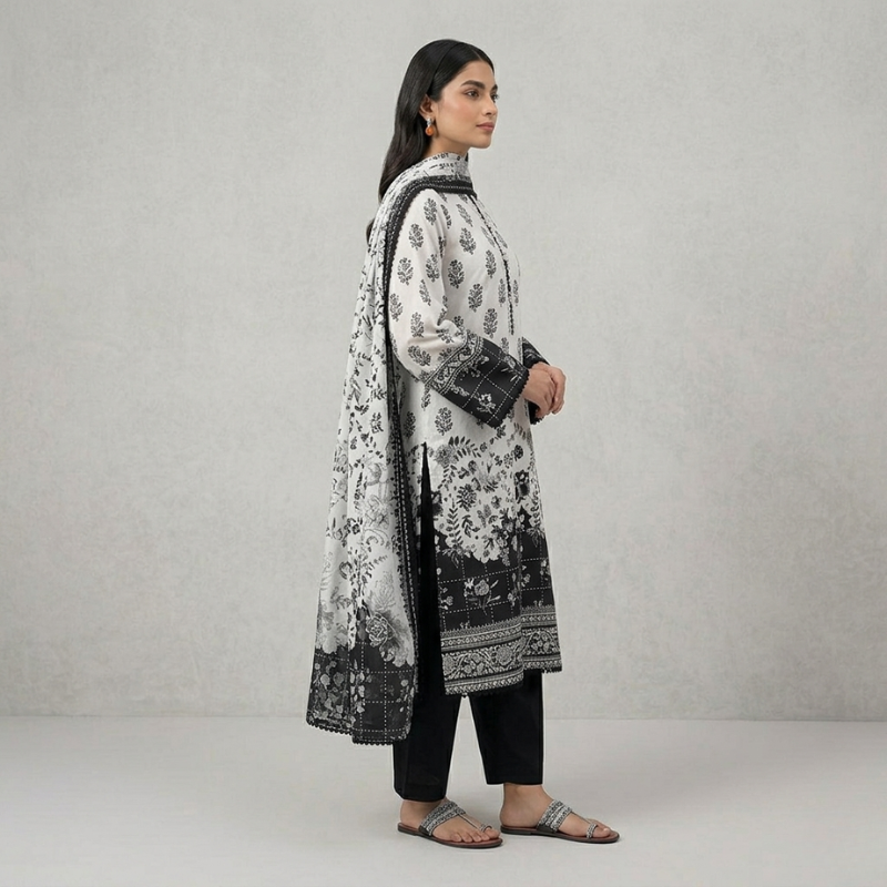 Black And White Lawn Dupatta 3 Piece Suit