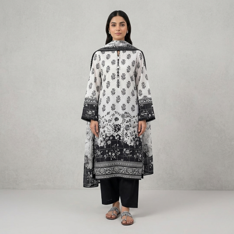 Black And White Lawn Dupatta 3 Piece Suit