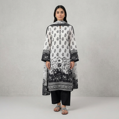 Black And White Lawn Dupatta 3 Piece Suit