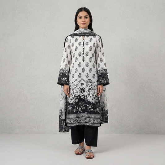 Black And White Lawn Dupatta 3 Piece Suit