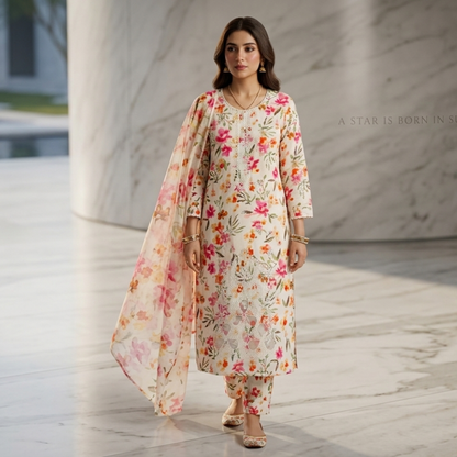 3 Piece Suit With Chifon Dupatta