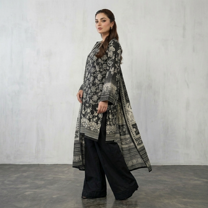 Black And White Lawn Dupatta 3 Piece Suit