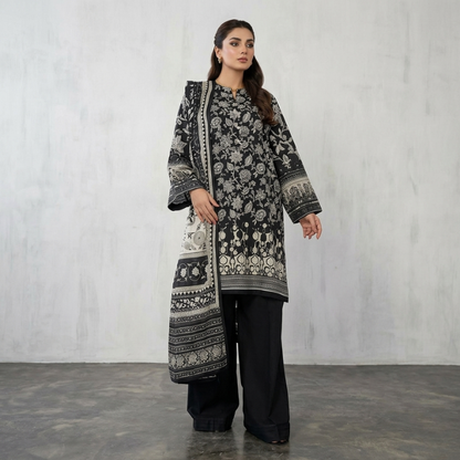 Black And White Lawn Dupatta 3 Piece Suit