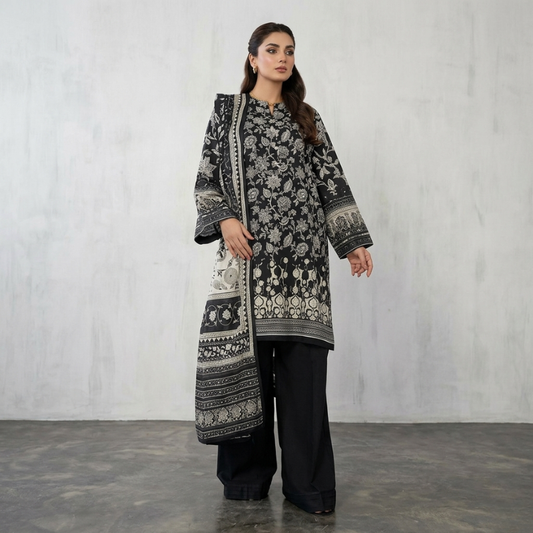 Black And White Lawn Dupatta 3 Piece Suit