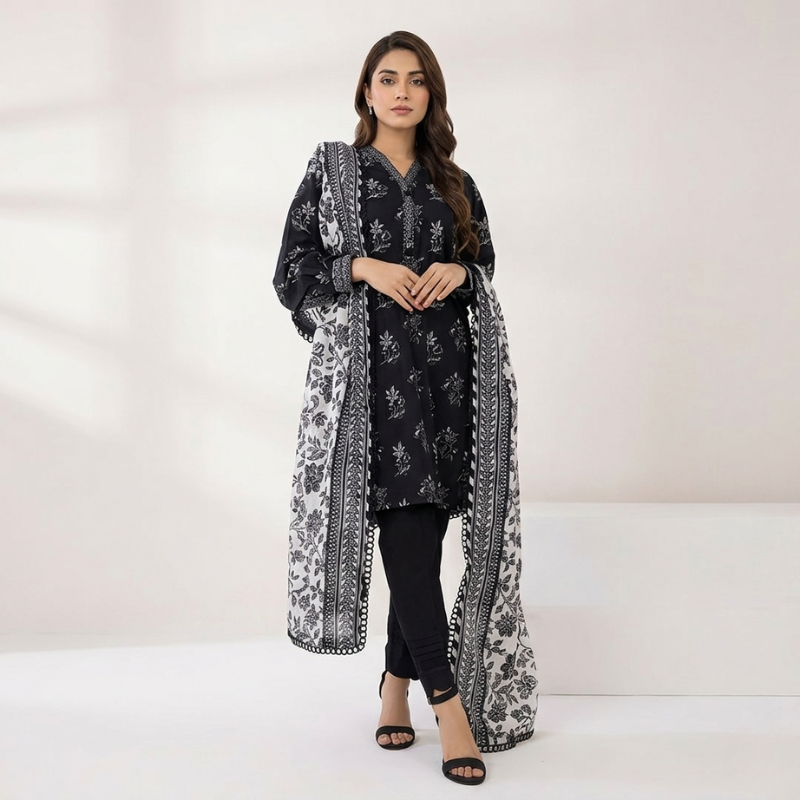 Black And White Lawn Dupatta 3 Piece Suit