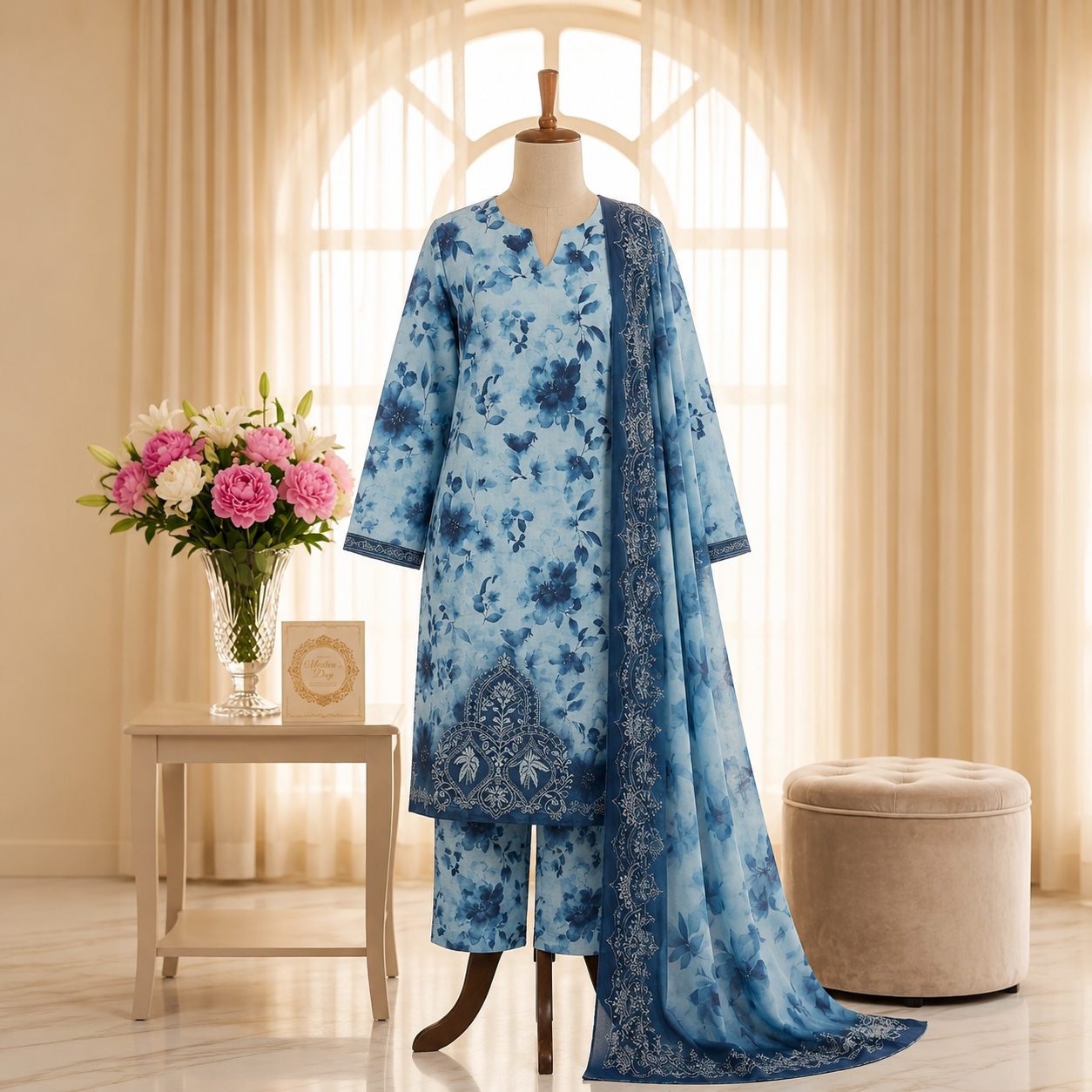Bana Dora lawn With Allover Print Bamber Dupatta 3piece suit