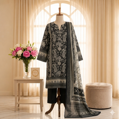 Black And White Lawn Dupatta 3 Piece Suit