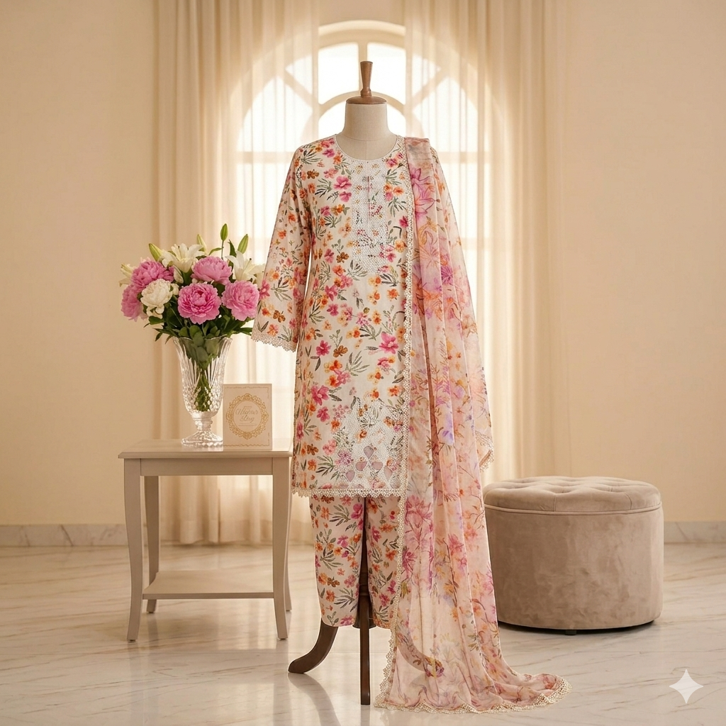 3 Piece Suit With Chifon Dupatta